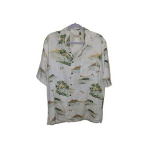 Island Republic Hawaiian Camp Shirt Men's Large Silk Palm Print Button Up